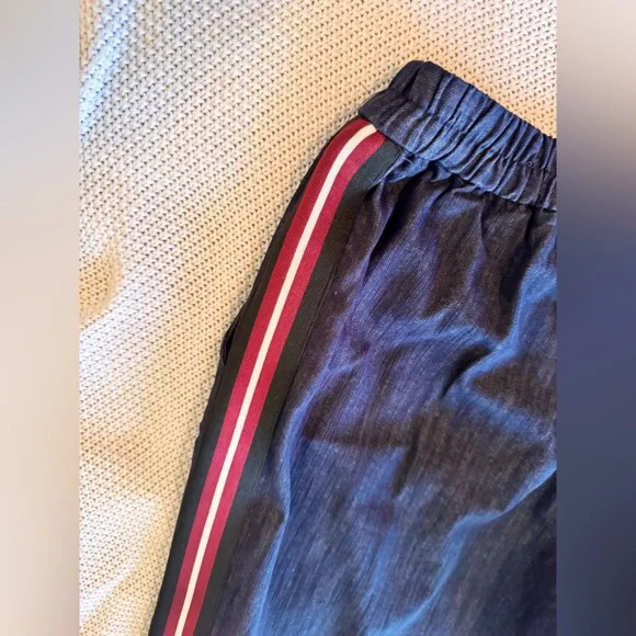 ZARA Blue Denim Wide Leg Drawstring Pull-on Pants w Red Side Stripe - Picture 6 of 9